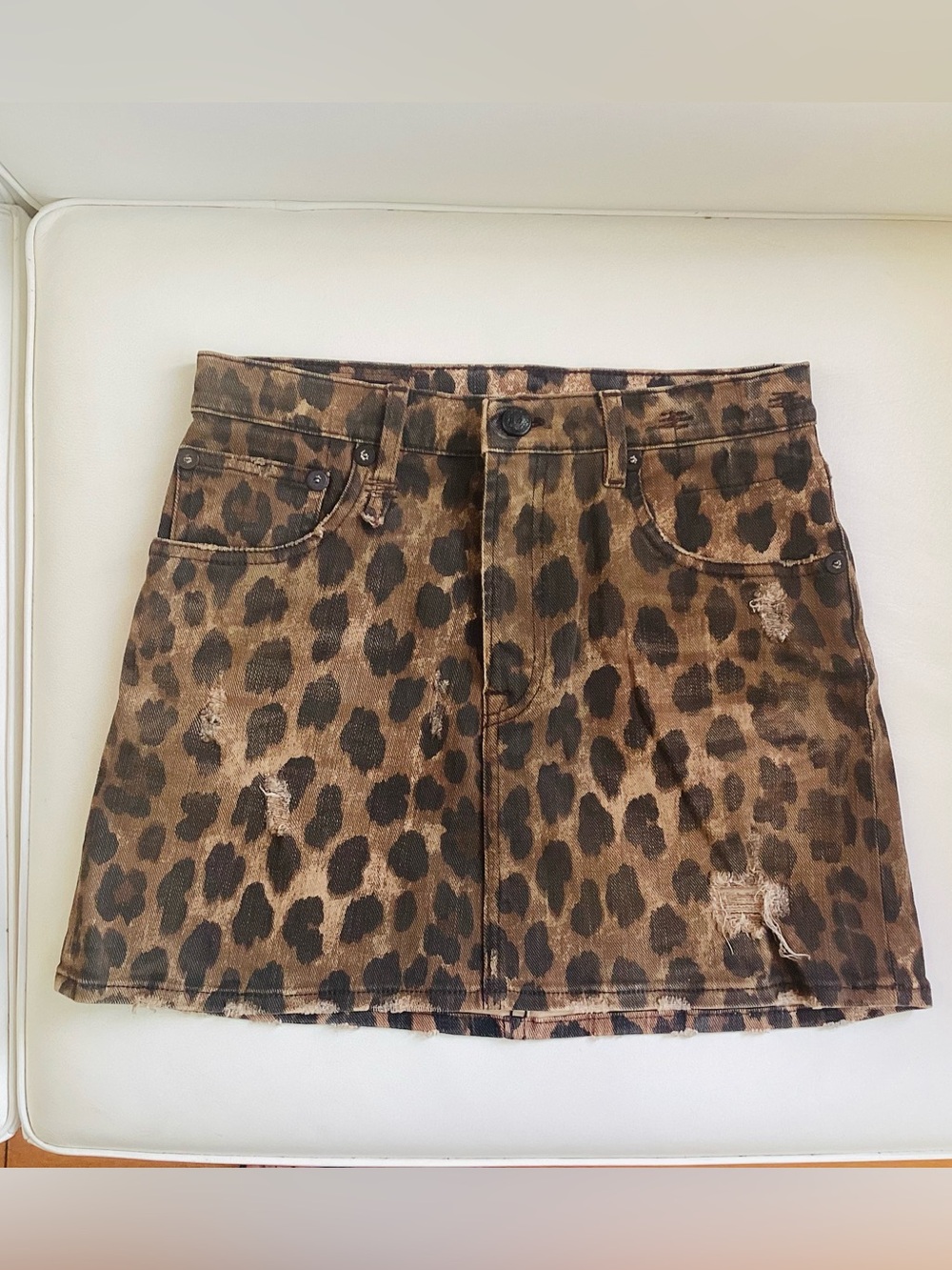 R13 Denim Leopard-Print Mini Skirt in Brown and Black SZ 26
